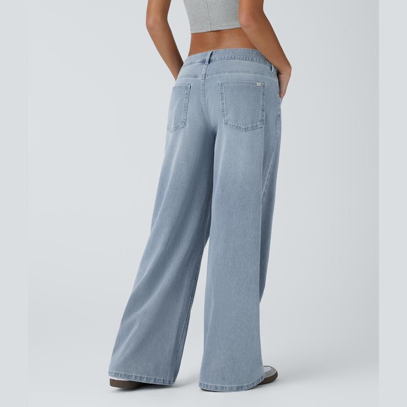 TryHavora Flex Asymmetric Low Rise Zipper Pockets Baggy Wide Leg Washed Casual Jeans