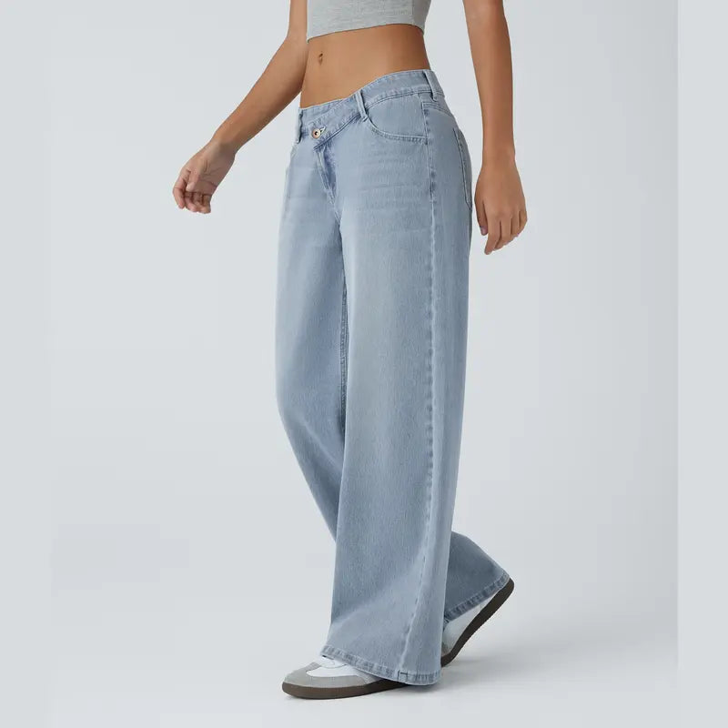 TryHavora Flex Asymmetric Low Rise Zipper Pockets Baggy Wide Leg Washed Casual Jeans