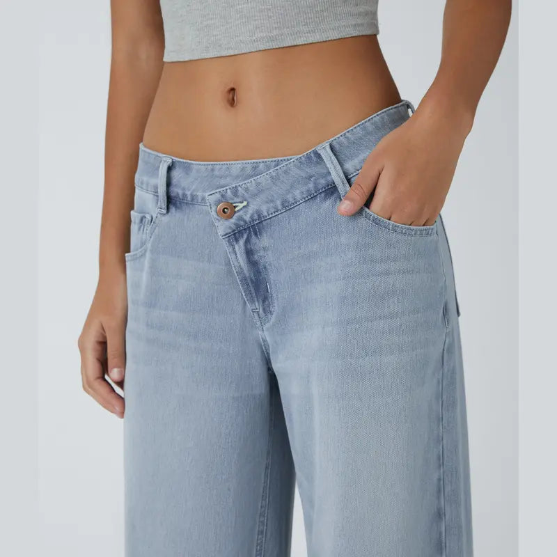 TryHavora Flex Asymmetric Low Rise Zipper Pockets Baggy Wide Leg Washed Casual Jeans