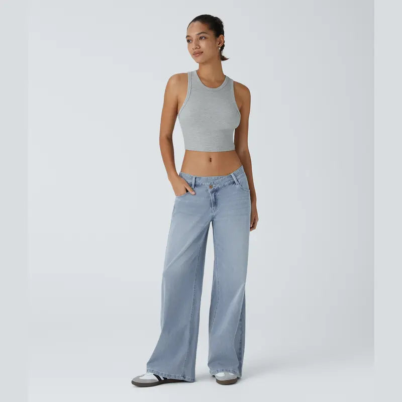 TryHavora Flex Asymmetric Low Rise Zipper Pockets Baggy Wide Leg Washed Casual Jeans