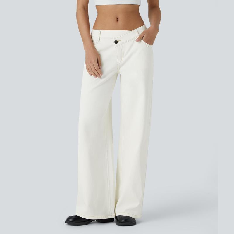 TryHavora Flex Asymmetric Low Rise Zipper Pockets Baggy Wide Leg Washed Casual Jeans