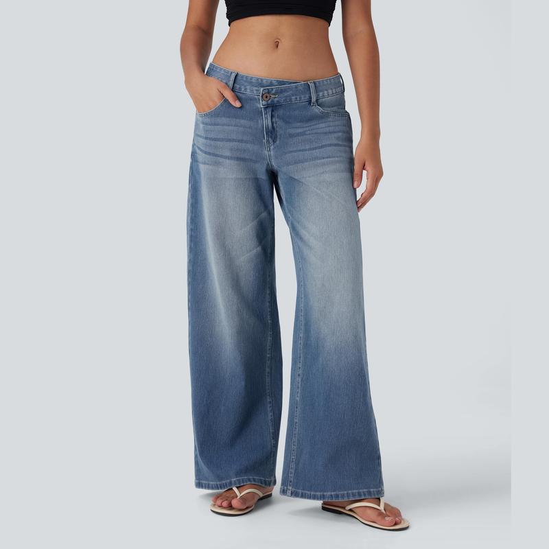 TryHavora Flex Asymmetric Low Rise Zipper Pockets Baggy Wide Leg Washed Casual Jeans