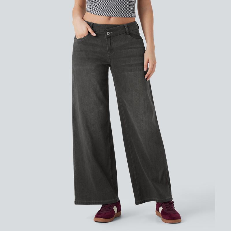 TryHavora Flex Asymmetric Low Rise Zipper Pockets Baggy Wide Leg Washed Casual Jeans