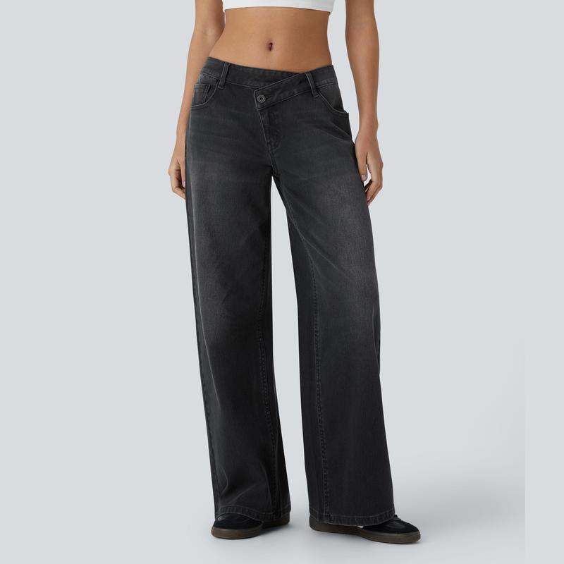 TryHavora Flex Asymmetric Low Rise Zipper Pockets Baggy Wide Leg Washed Casual Jeans