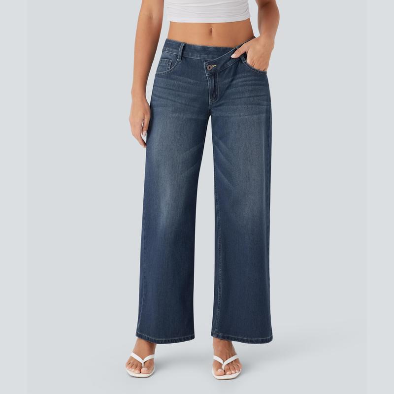 TryHavora Flex Asymmetric Low Rise Zipper Pockets Baggy Wide Leg Washed Casual Jeans