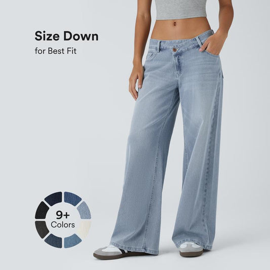 TryHavora Flex Asymmetric Low Rise Zipper Pockets Baggy Wide Leg Washed Casual Jeans
