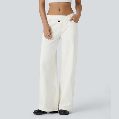 TryHavora Flex Asymmetric Low Rise Zipper Pockets Baggy Wide Leg Washed Casual Jeans