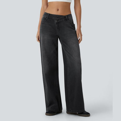 TryHavora Flex Asymmetric Low Rise Zipper Pockets Baggy Wide Leg Washed Casual Jeans
