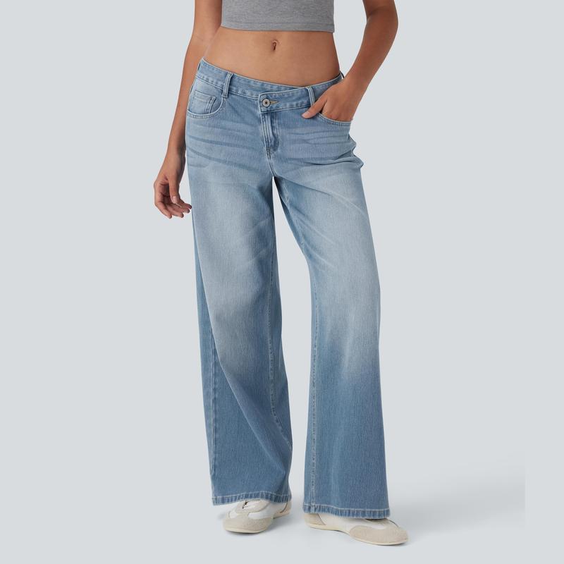 TryHavora Flex Asymmetric Low Rise Zipper Pockets Baggy Wide Leg Washed Casual Jeans