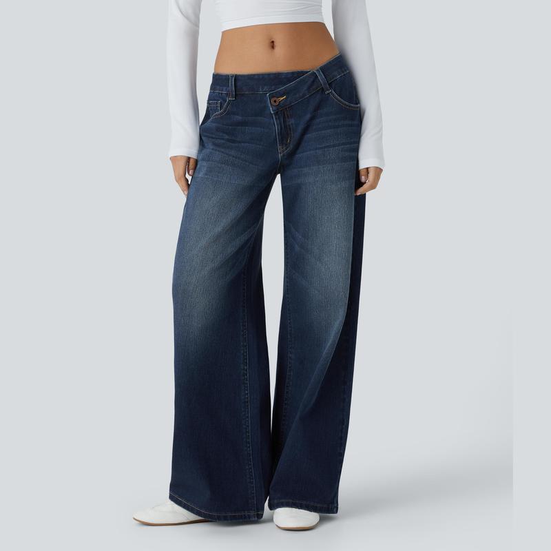 TryHavora Flex Asymmetric Low Rise Zipper Pockets Baggy Wide Leg Washed Casual Jeans